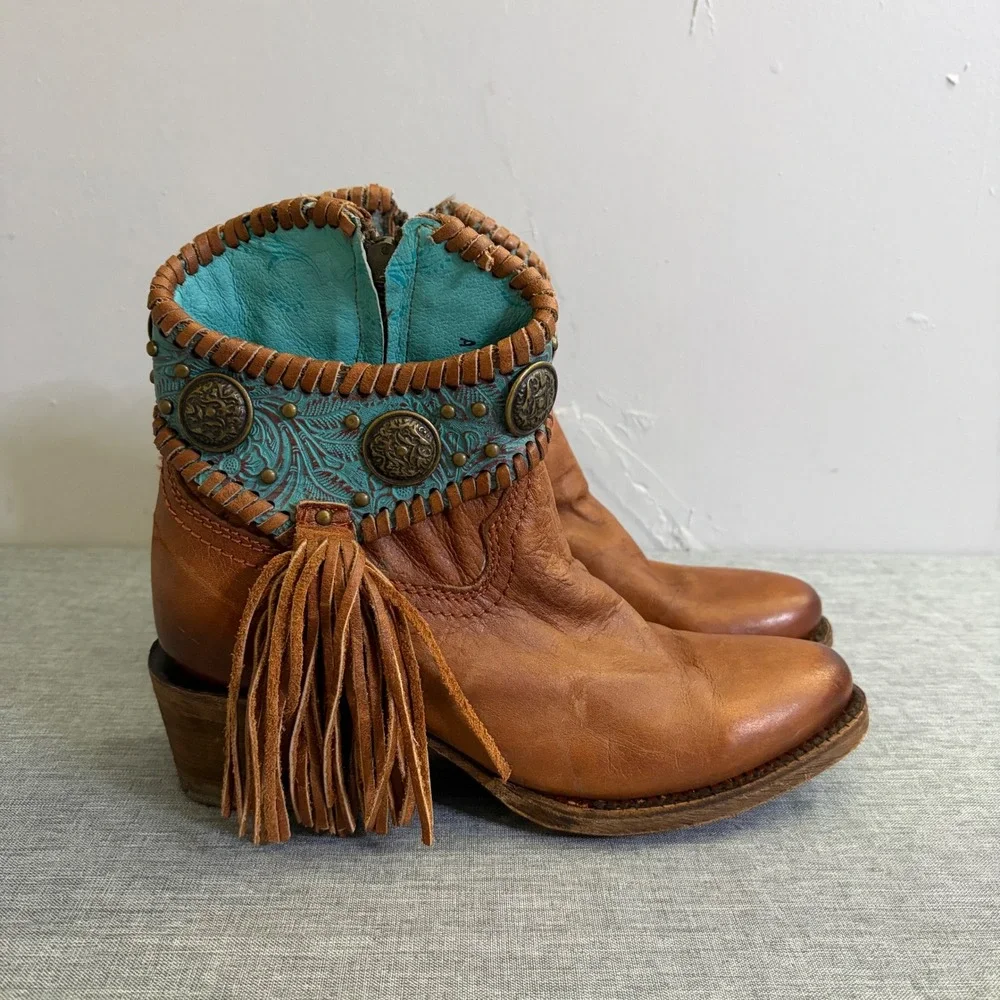 Corral Ankle Boots Women 5.5 Tan Turquoise‎ A3196 Fringe Concho Western Booties